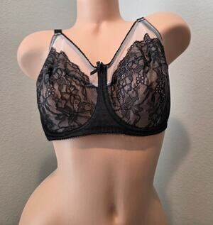 Wacoal Retro Chic 855186 Nylon Lace Full Coverage Unlined Bra Black Silver 36DDD